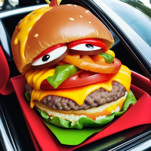 Giant Cheeseburger in Car: Pop Art Comic Style