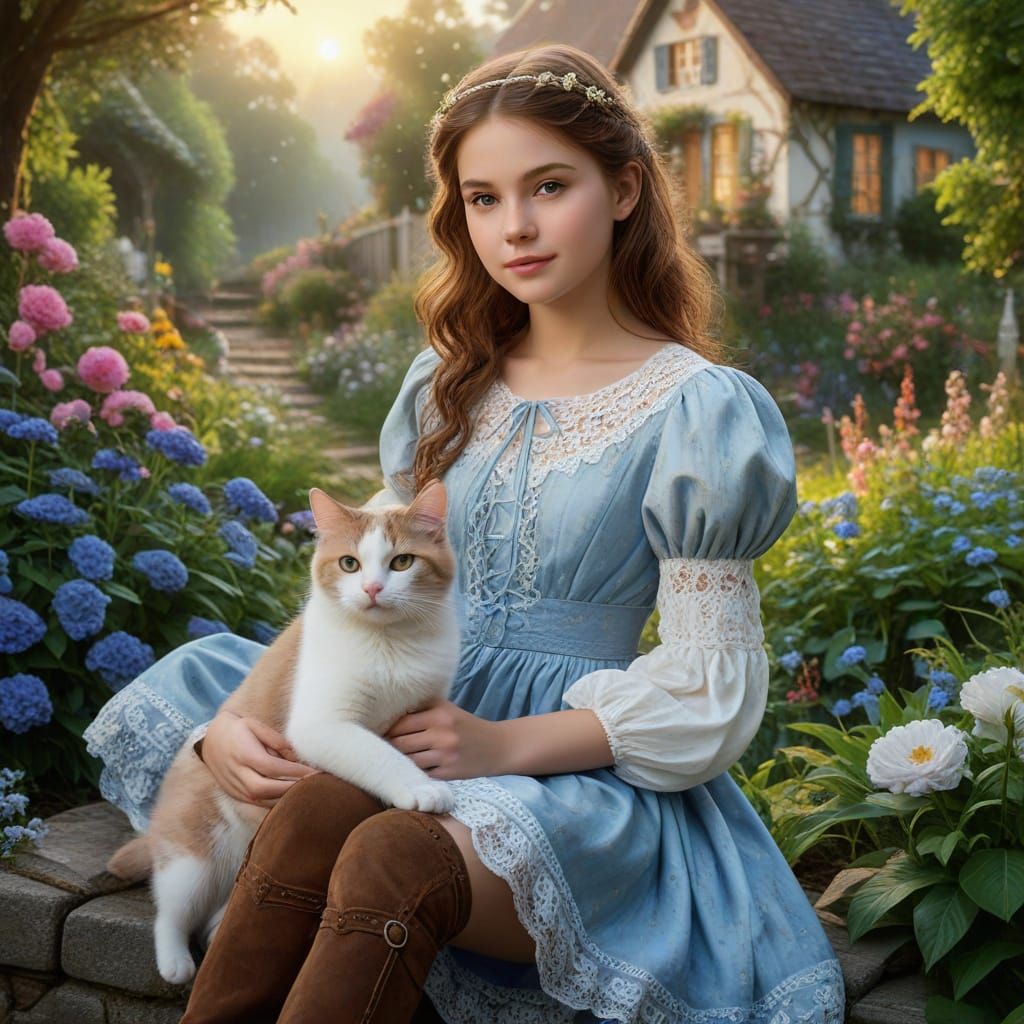 Girl with Cat in Cottage Garden in Digital Art Style