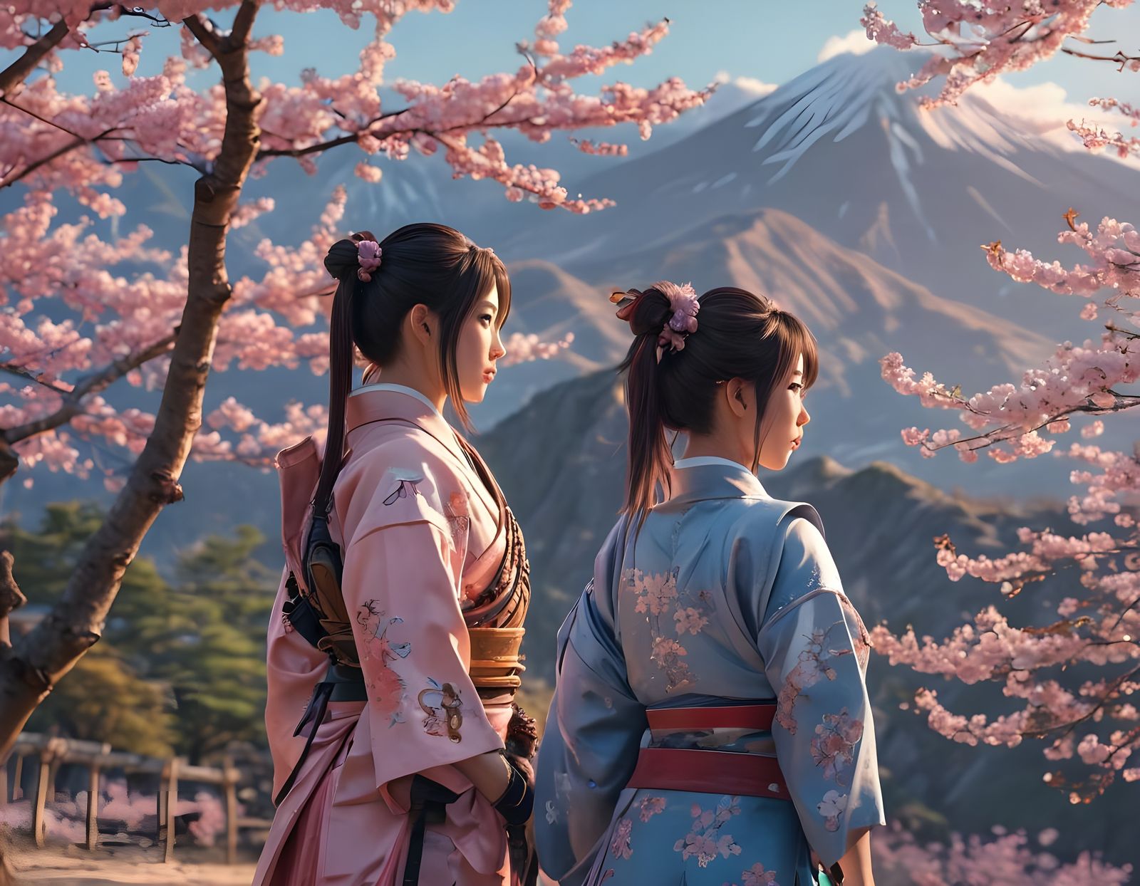Two Japanese Samurai Girls in Traditional Armor