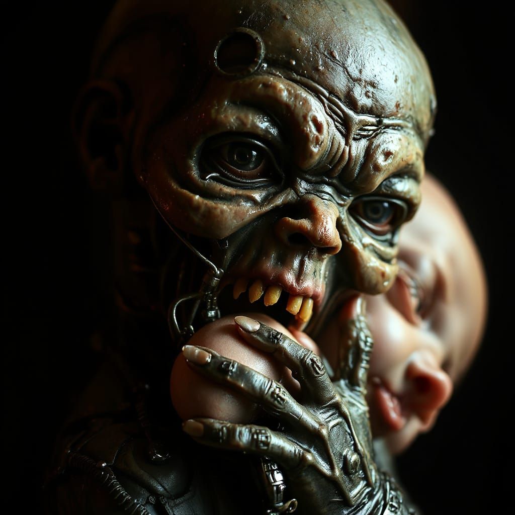 Grotesque Biomechanical Zombie Abomination in Chiaroscuro