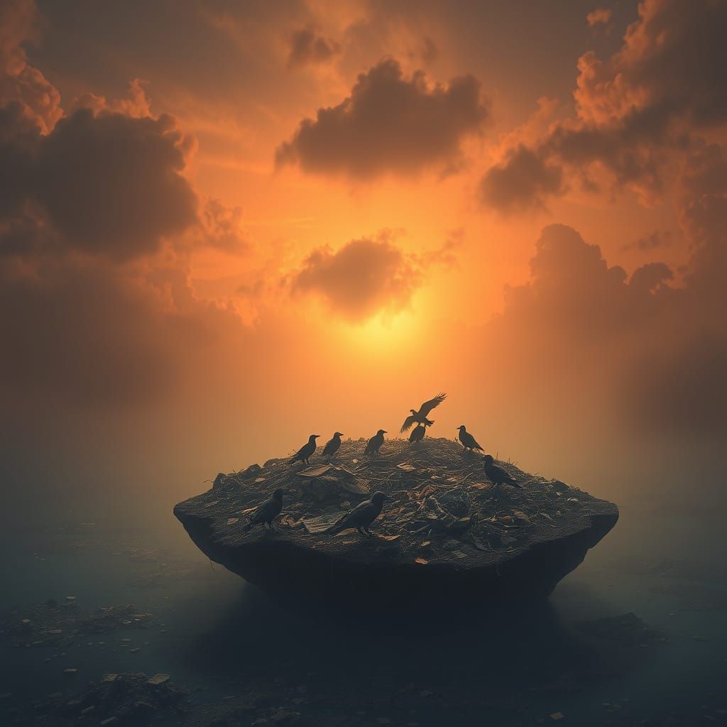 Desolate Floating Island with Ravens at Murky Sunrise