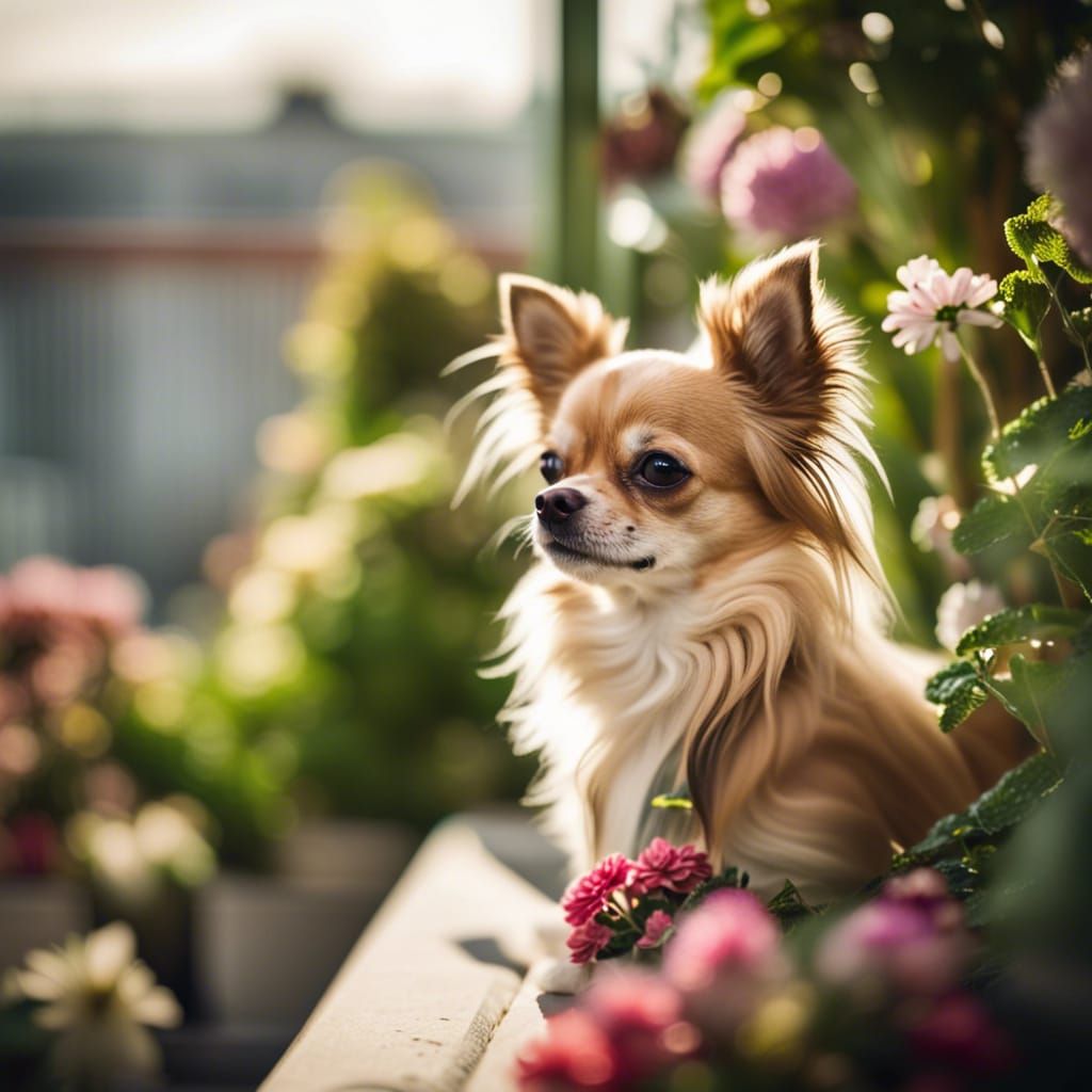 Longhair Chihuahua on Balcony with Flowers