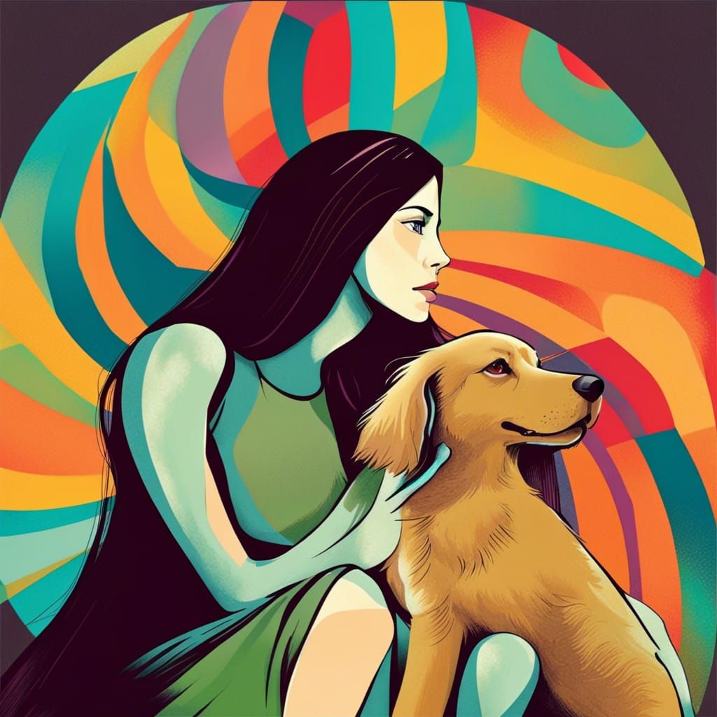 Dog with Long Hair in Woman's Lap: Pop Art