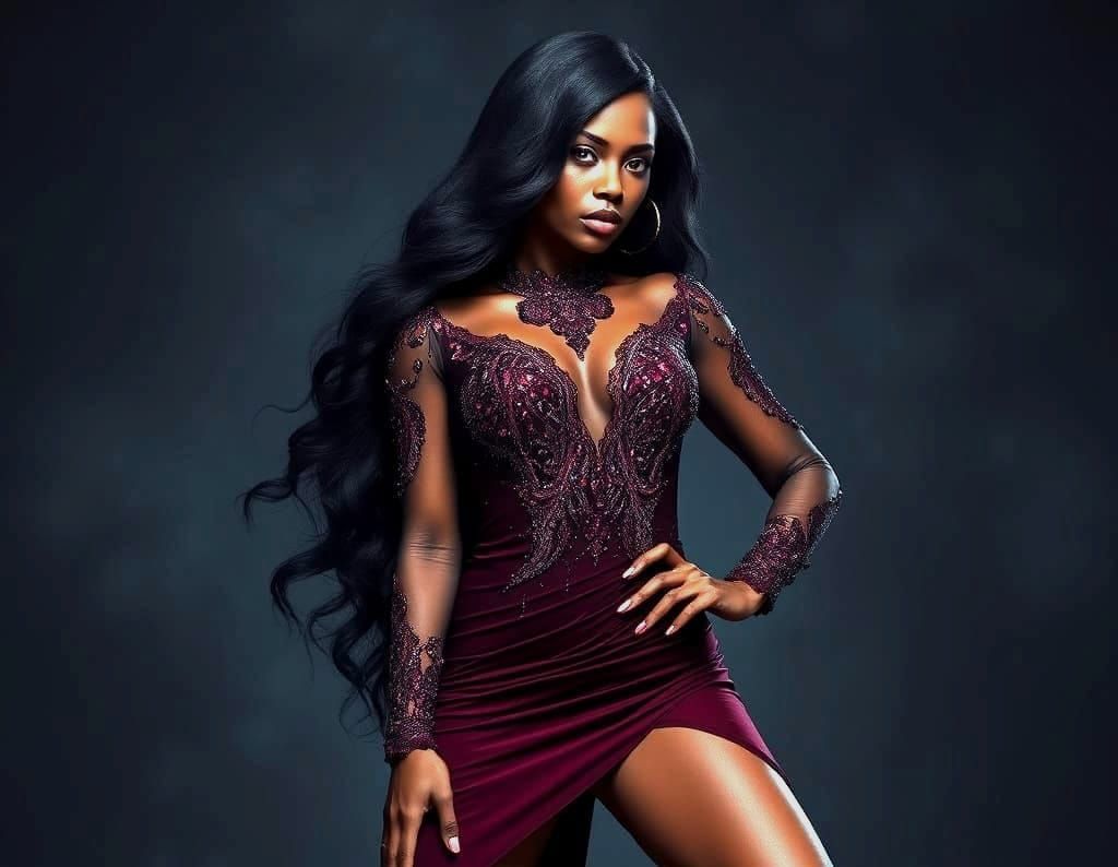 Photoshoot, model dressed in a cabernet spandex sequined dre...