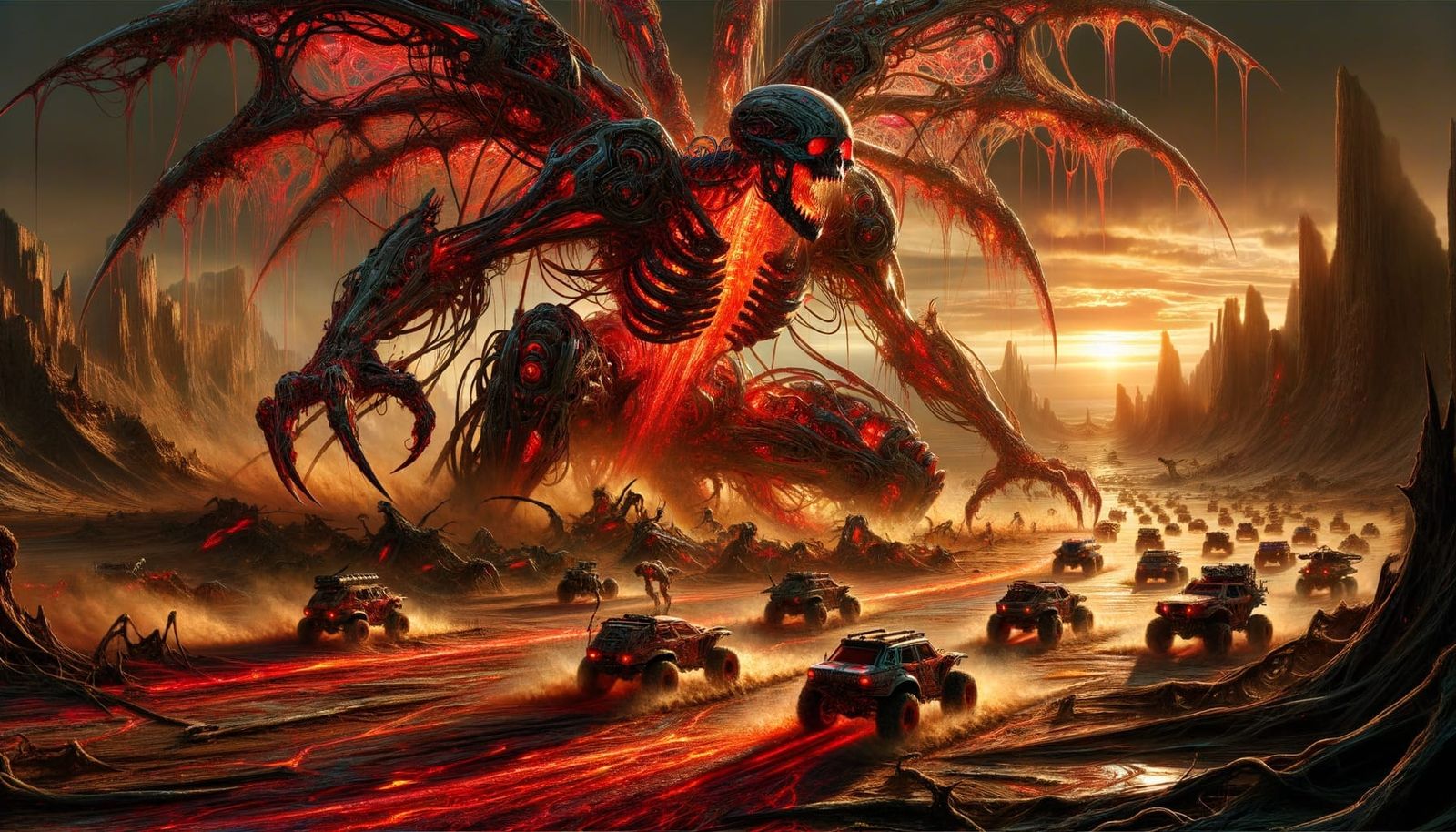 In a chaotic, post-apocalyptic wasteland, a towering biomechanical figure looms over a battlefield of twisted steel and ...