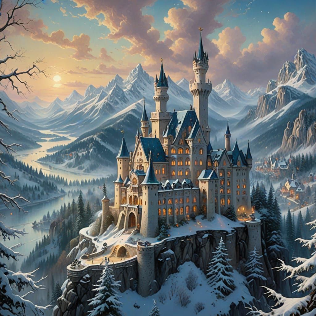 Vibrant Snowy Castle Scene in Lowbrow Art Style
