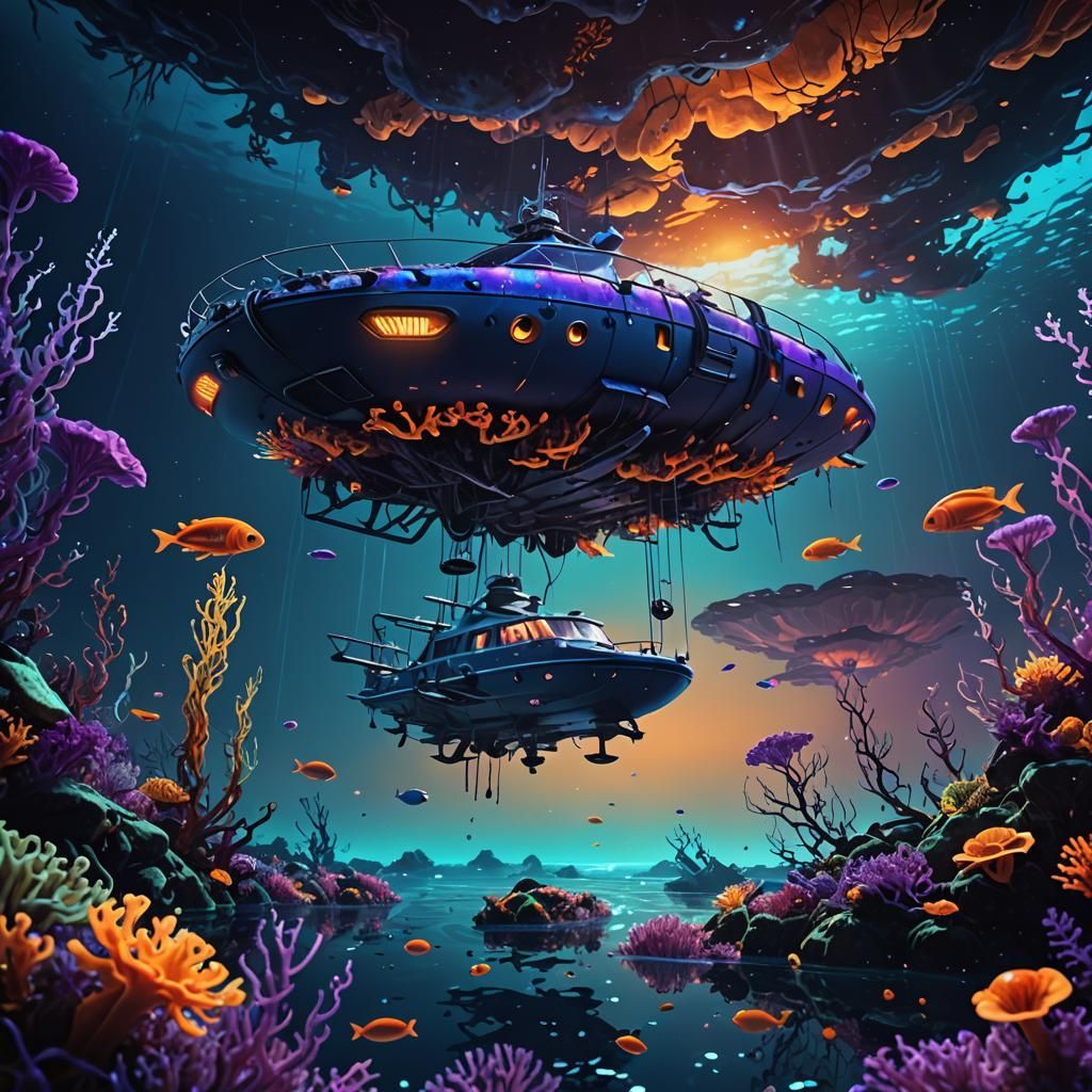 Underwater View of Invisible Boat with Bioluminescence