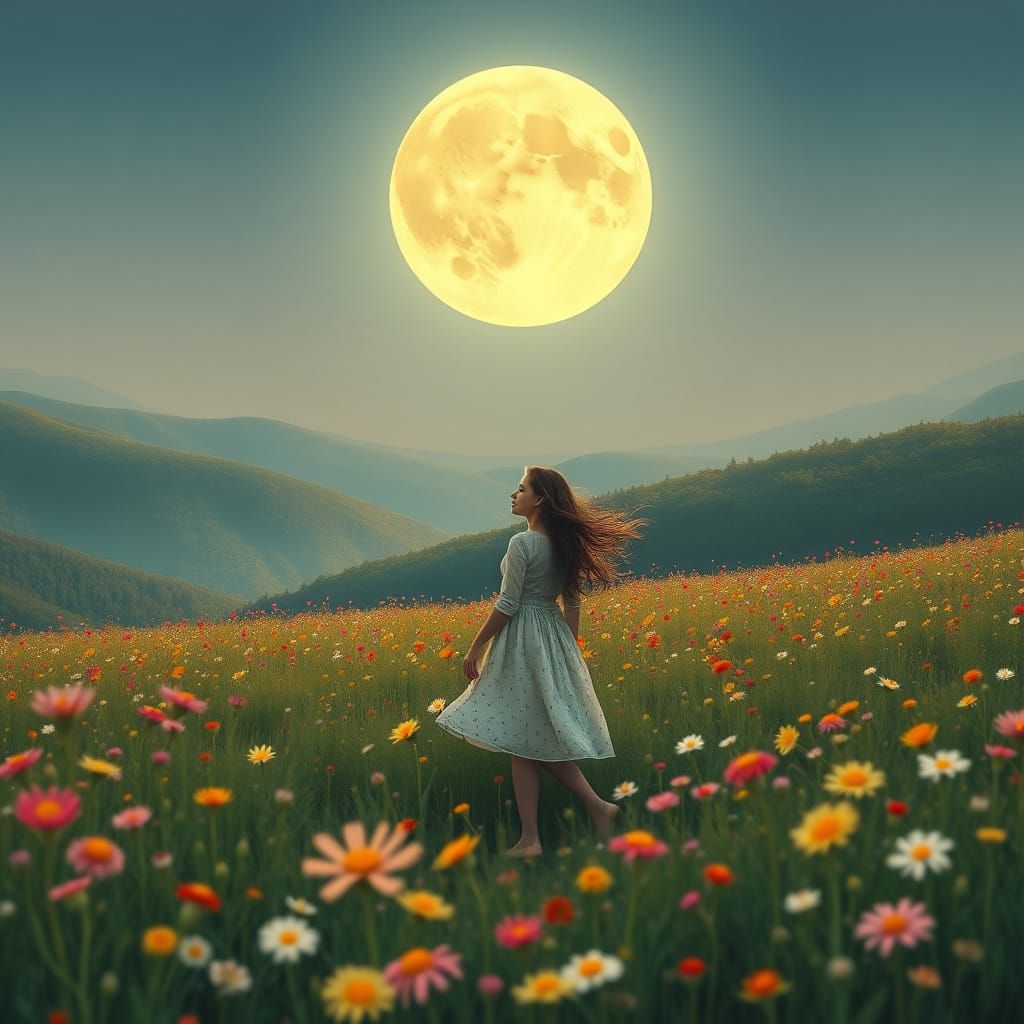 Woman in Wildflower Field Under Moonlight