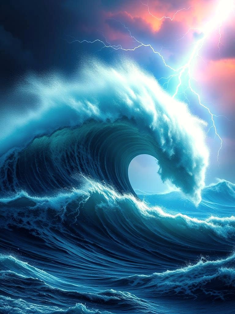 Giant Tsunami Explosion with Lightning in Hyperreal Style