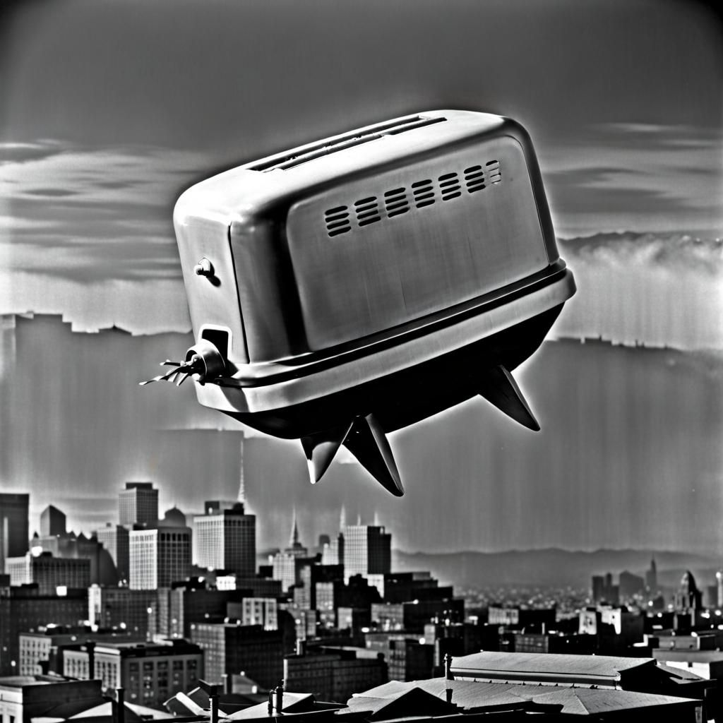 1950's sci fi film of Kaiju giant toaster attacking the city