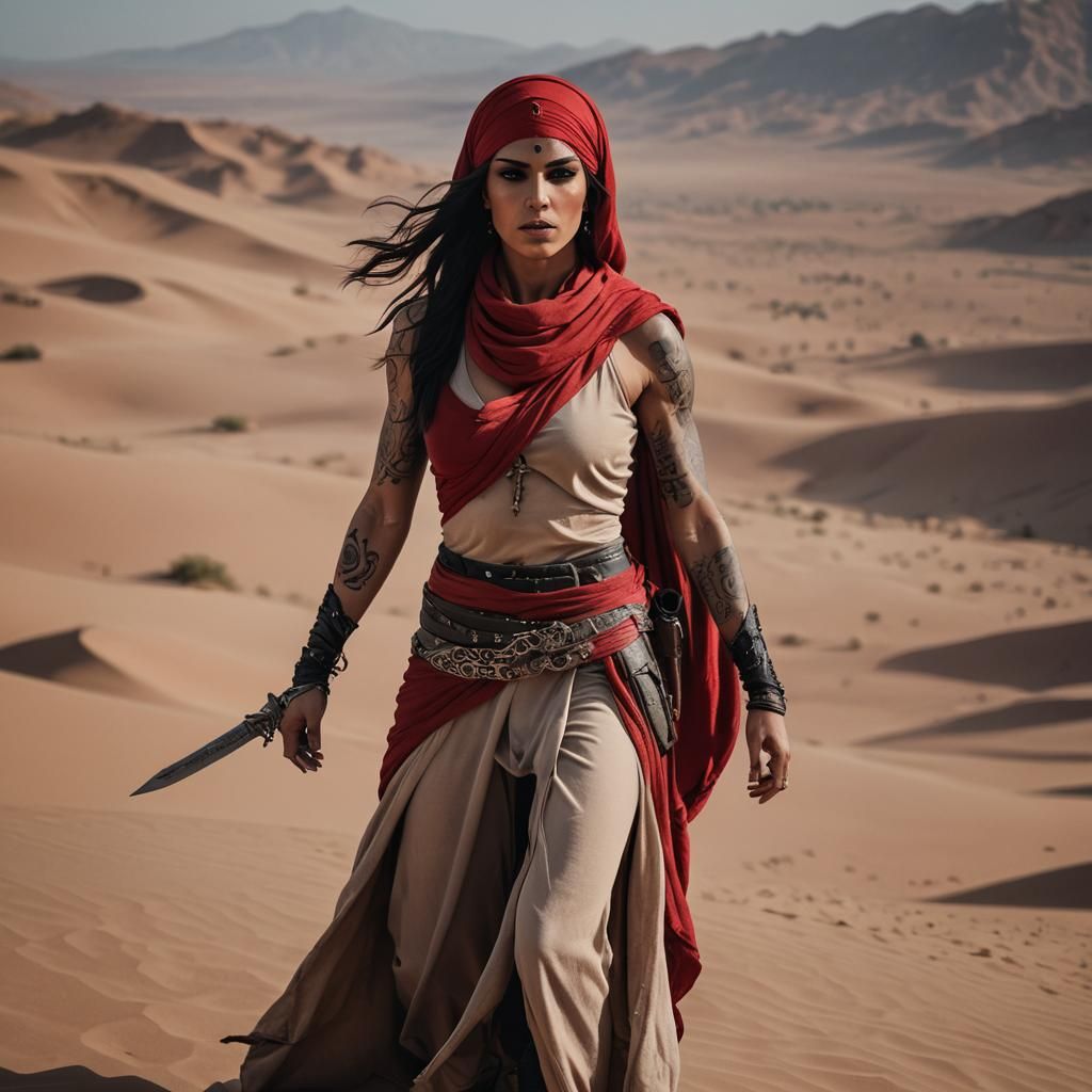 Arabian Assassin in Morocco Desert: Cinematic Still