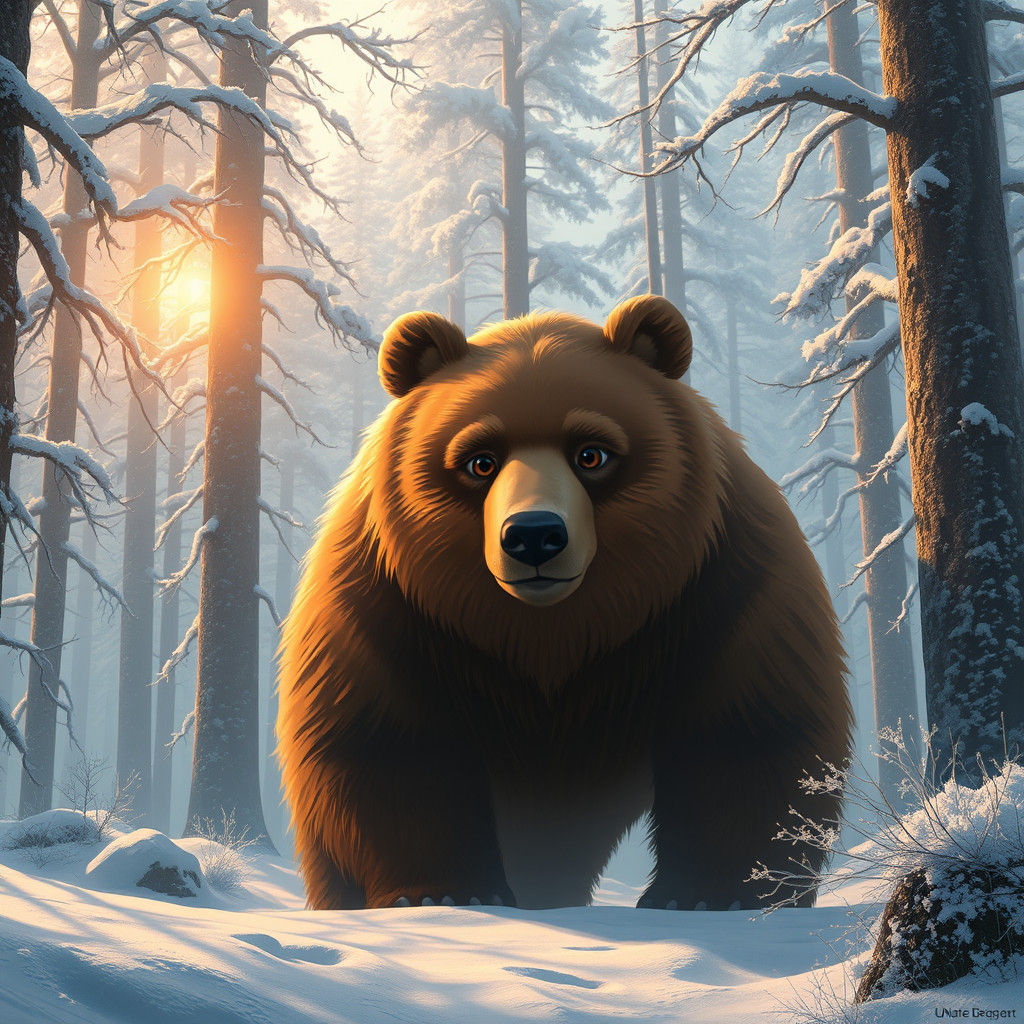 Fluffy Brown Bear in Snowy Forest: Fantasy Art