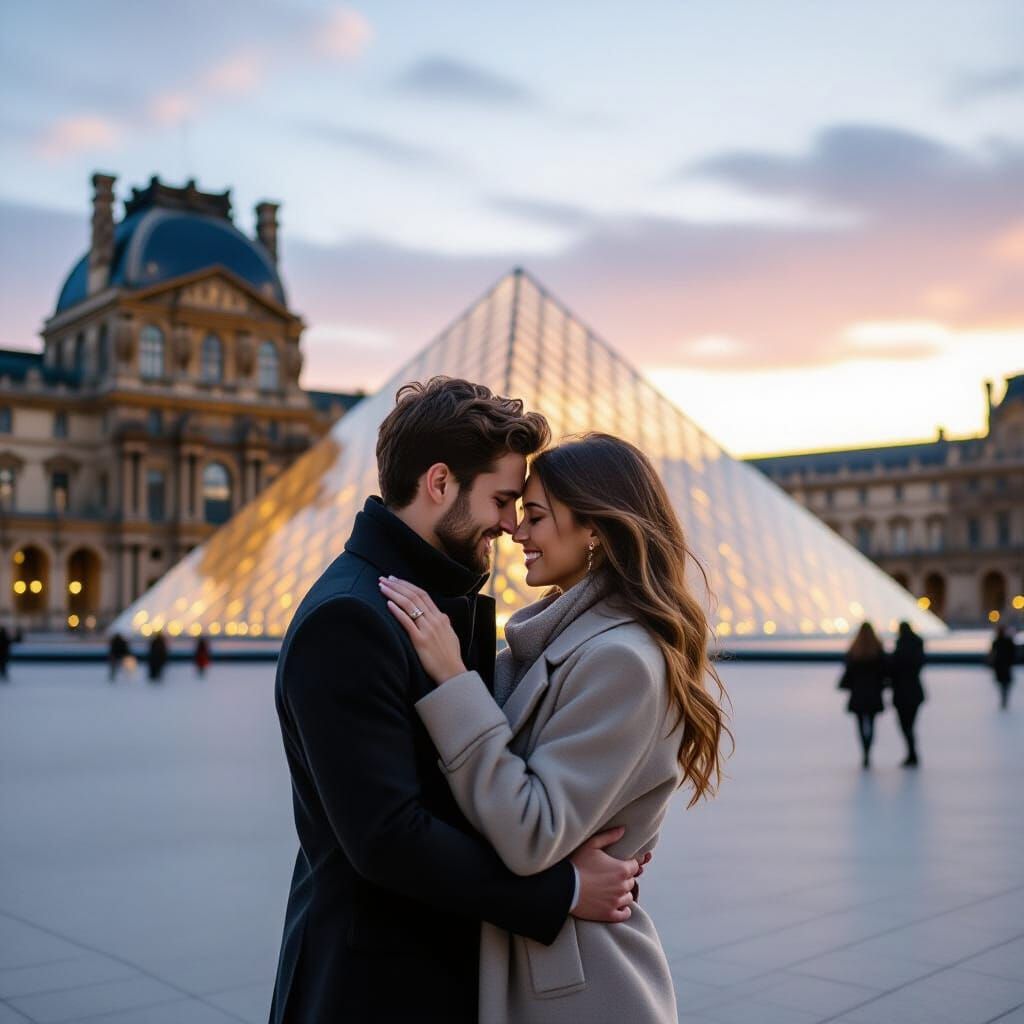Romantic Couple in Louvre Square at Sunset