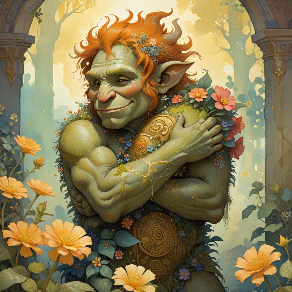 Troll Hugging Flower in Whimsical Folk Art Style