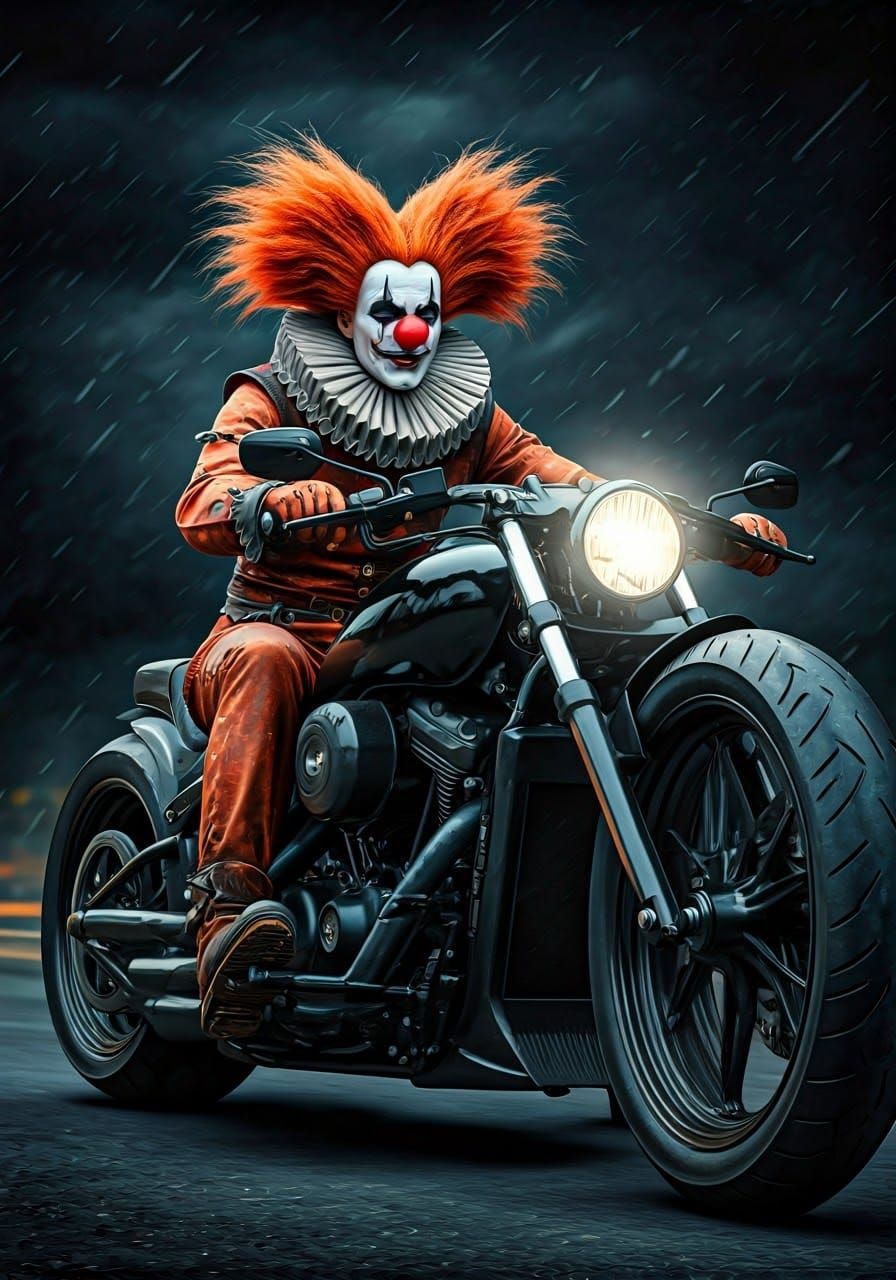 Biker Clown on Cruiser Motorcycle in Cyberpunk Gothic Style