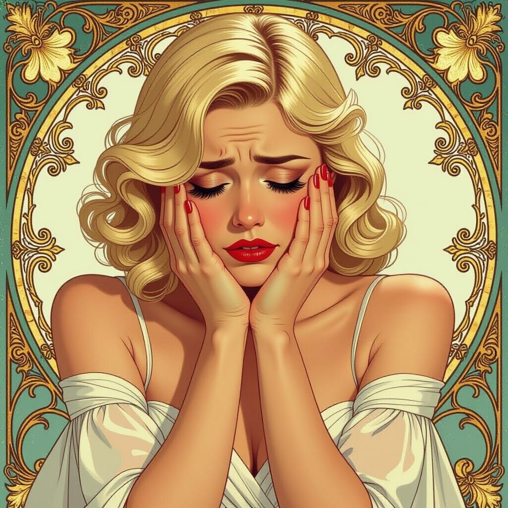 Woman Crying in Elegant Dress, Art Nouveau Style