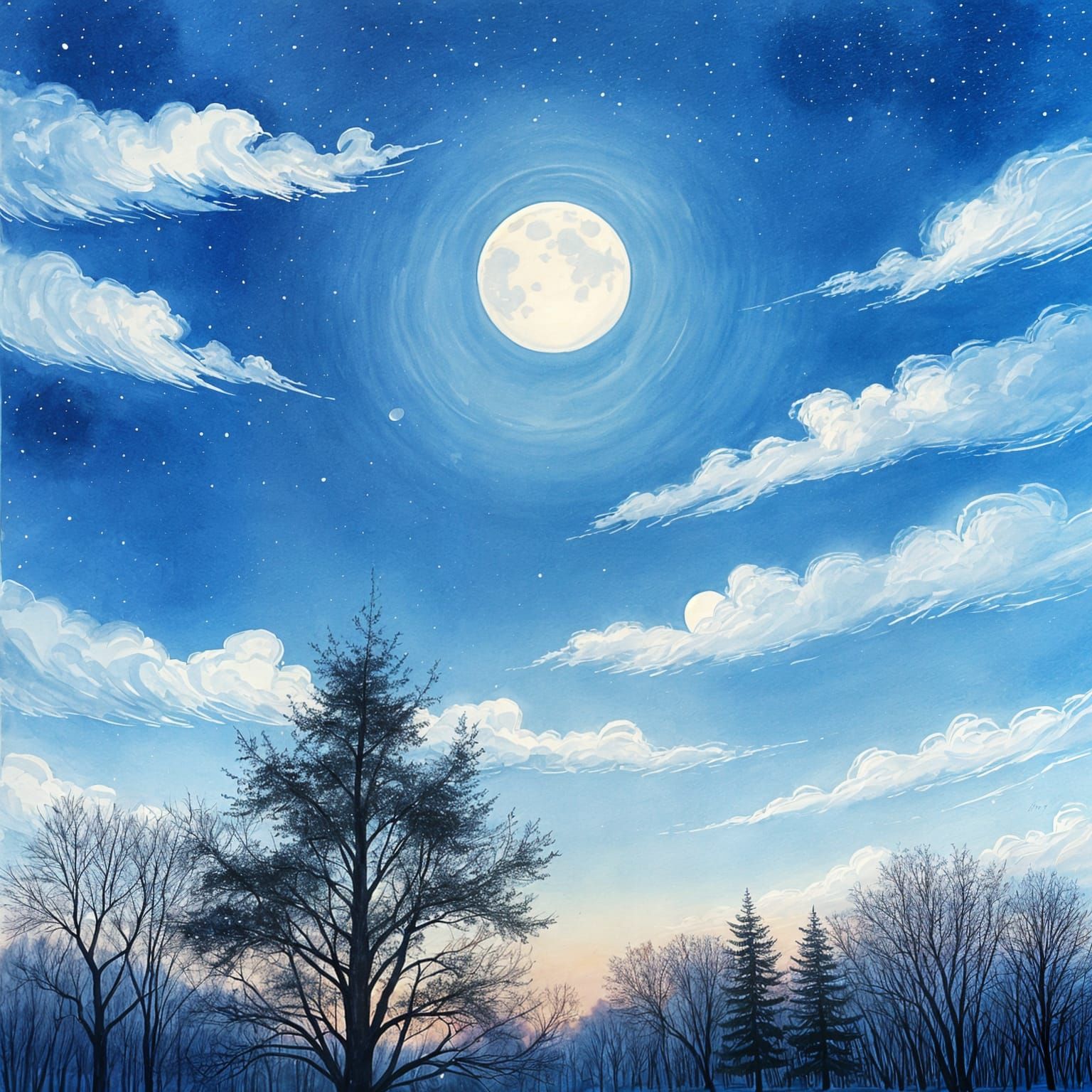 Dreamy Winter Sky in Loose Watercolor Style