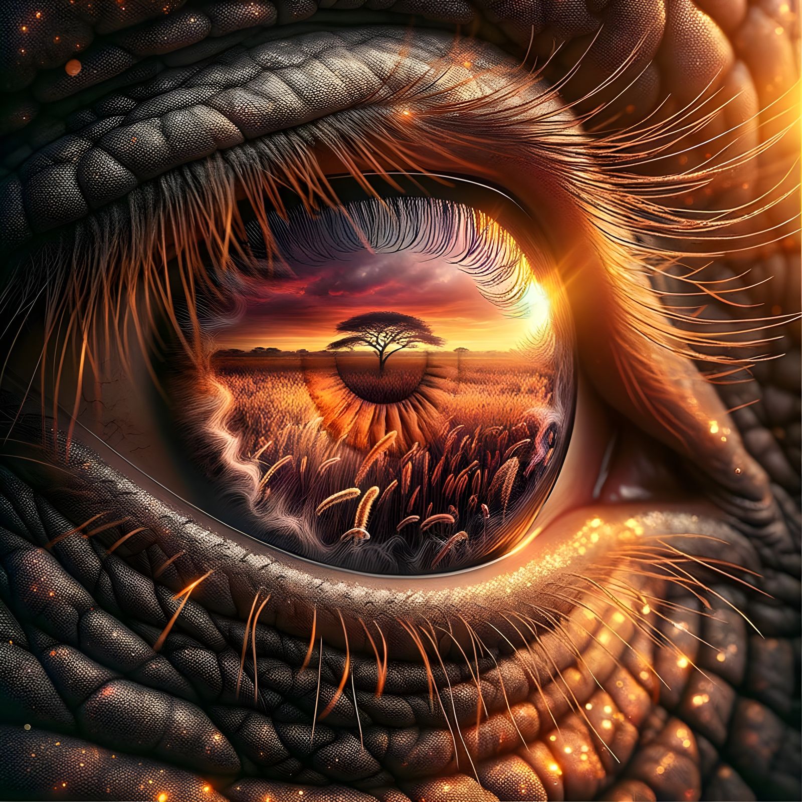 Elephant Eye Macro View with Sunset Reflection