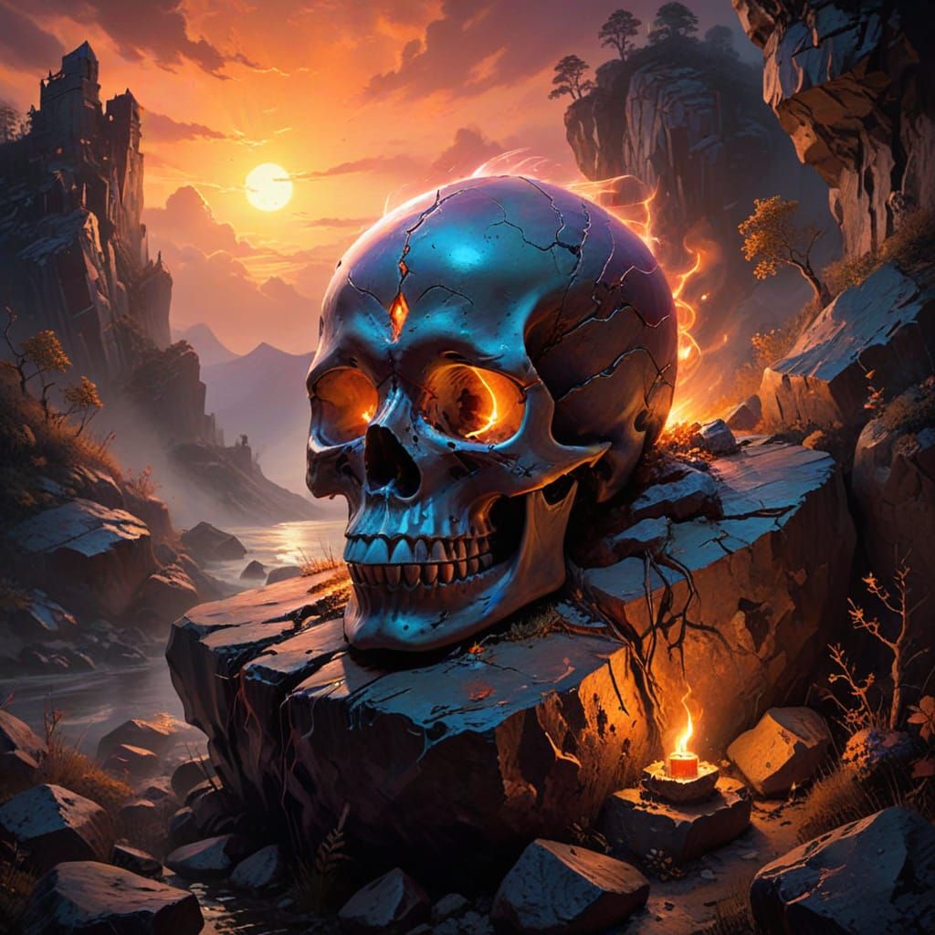 Glowing Skull Amidst Sunset Hues in Vibrant Oil Painting