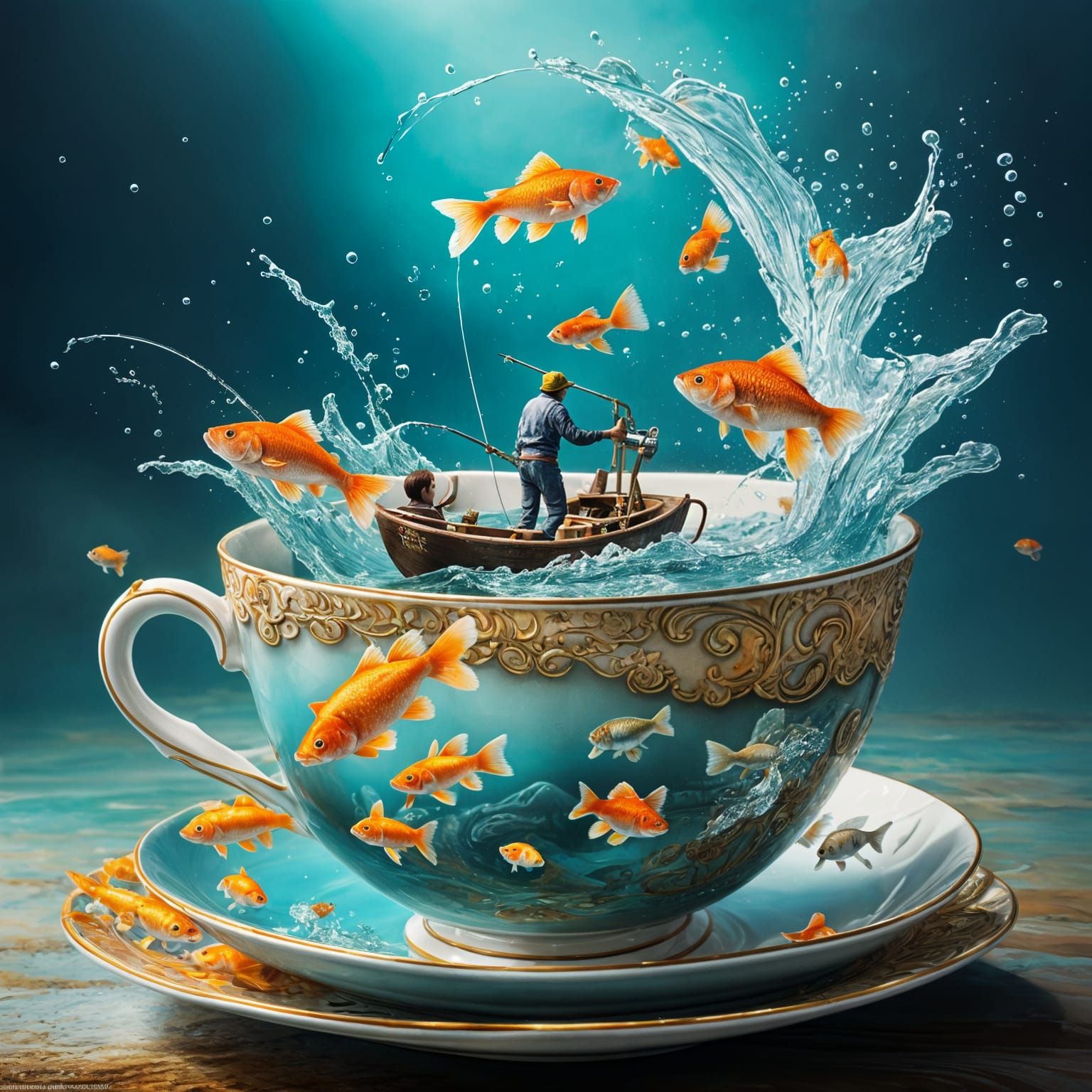 Hyperrealistic Fishing Scene Inside a Teacup