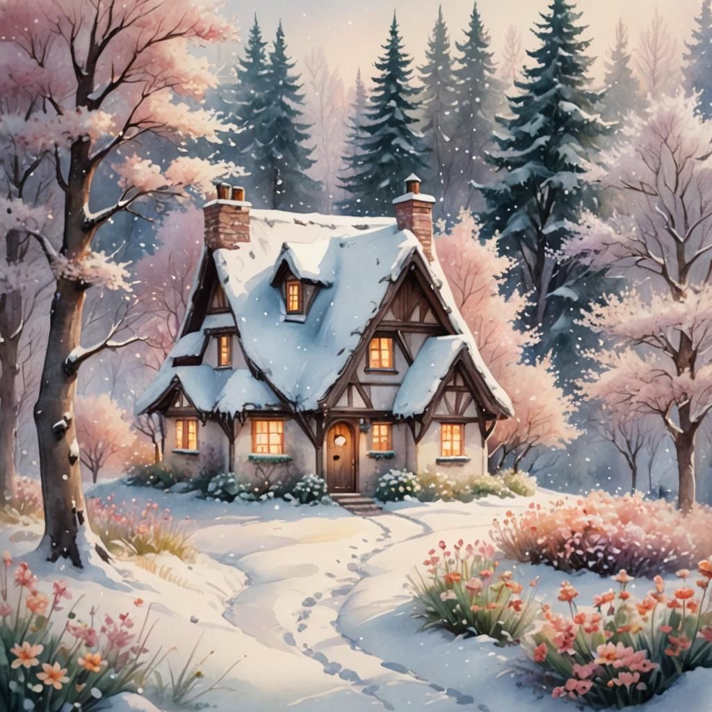 Fairytale Cottage in Winter: Watercolor Illustration
