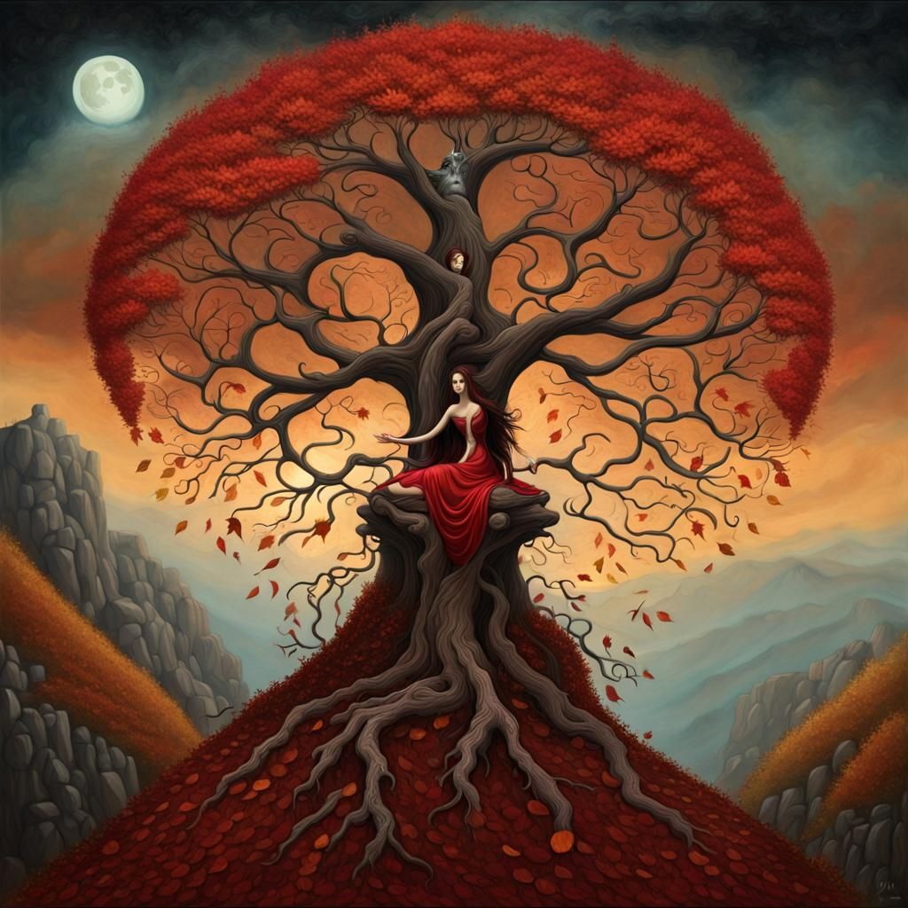 Mythical Creature in Autumn Tree: Surreal Fantasy Art