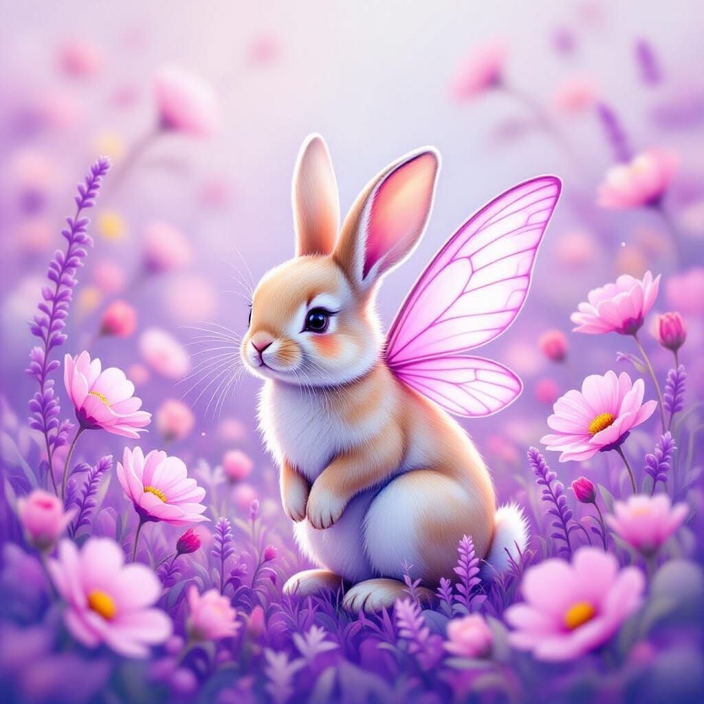 Neon Pink Fairy Rabbit in Watercolor Garden
