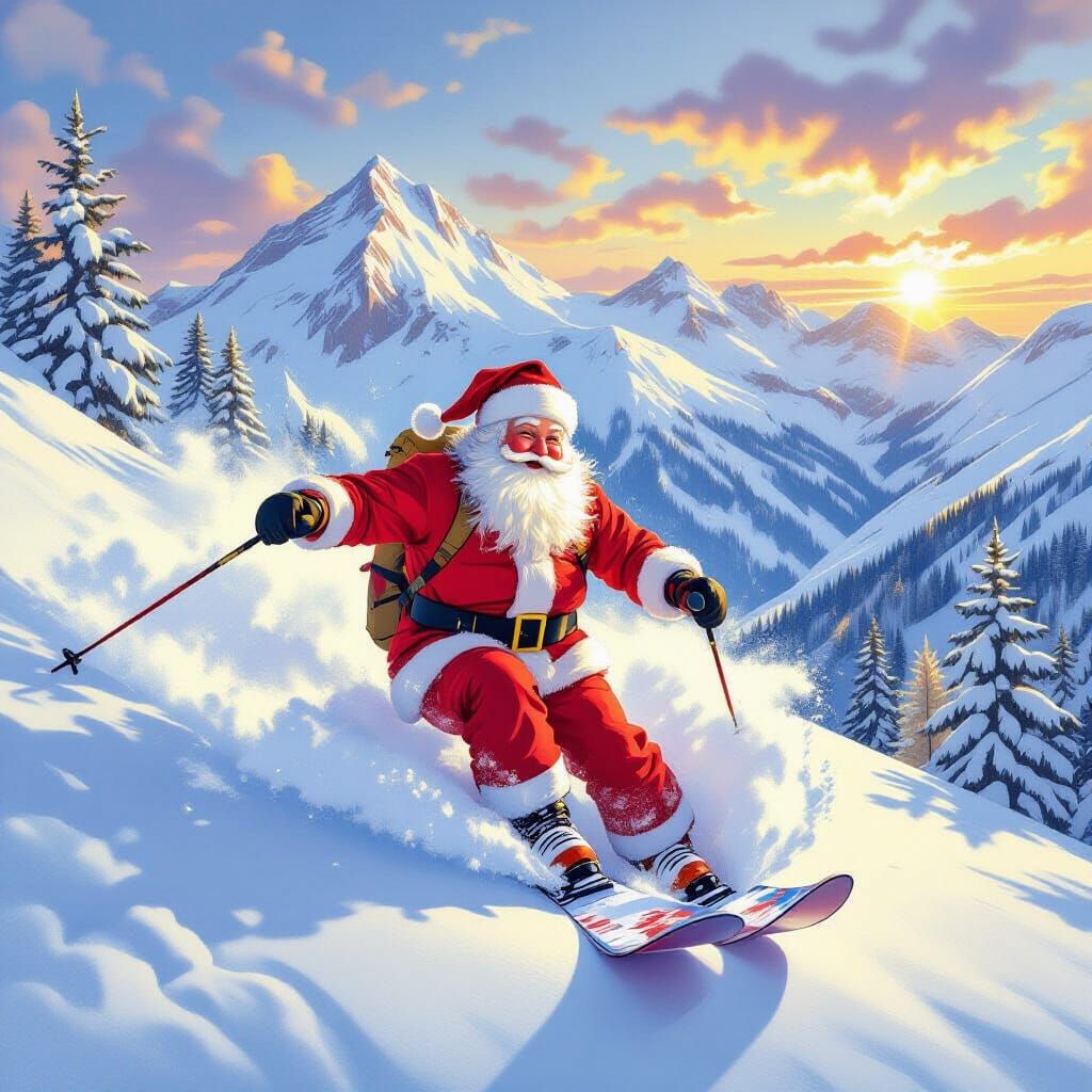 Santa Snowboarding Down Snowy Mountain at Golden Hour