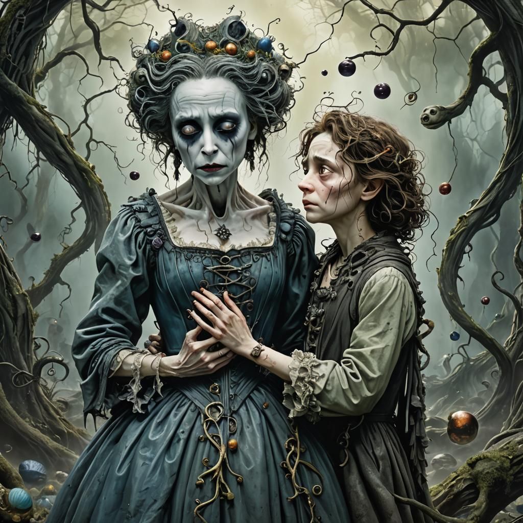 Loving Mother and Newborn Son: Tim Burton Style