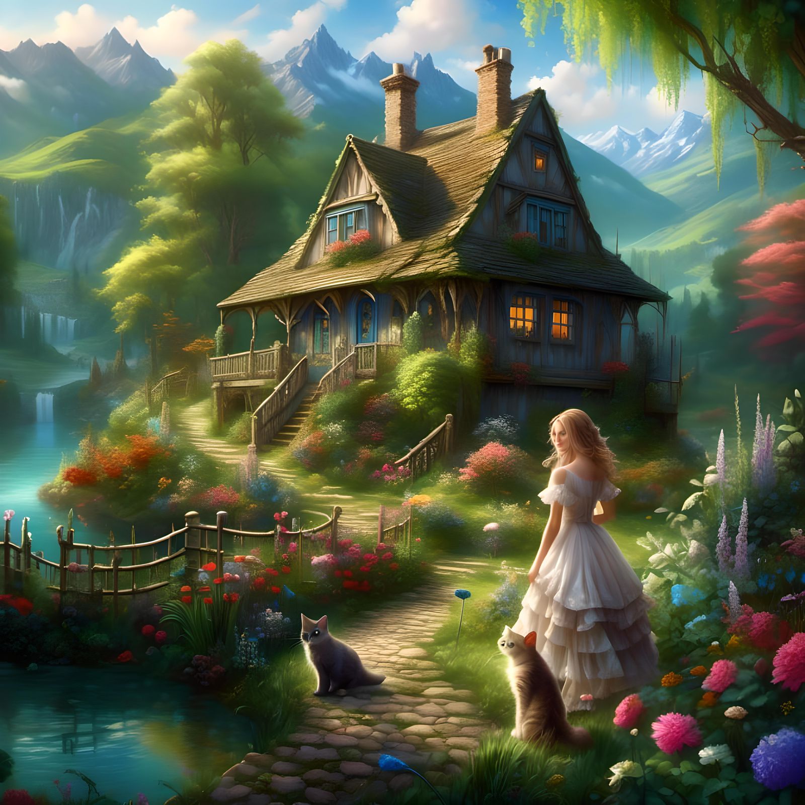 <lora:Dalle 3 lora 1:1.0>( girl and her cat: 2) cottage, lake, mountains, path, garden, detailed fantasy background