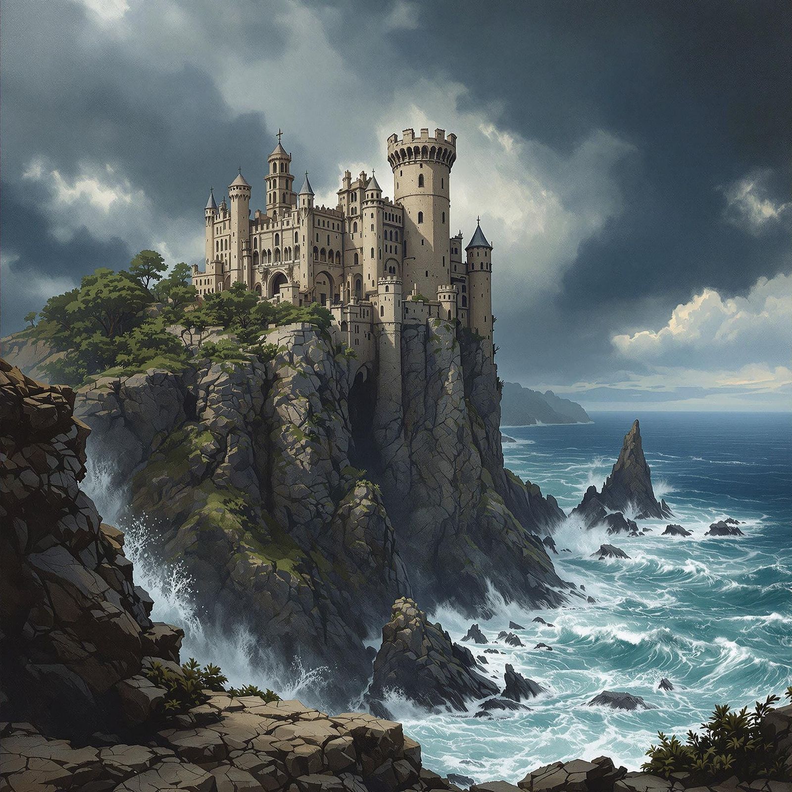 Medieval Castle in Stormy Seas, Gouache Artwork