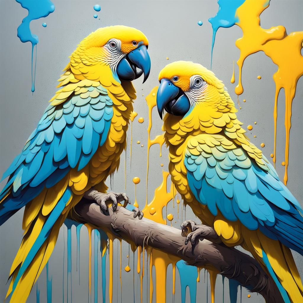 Parrots Being Fed: Graffiti Art With Vivid Colors