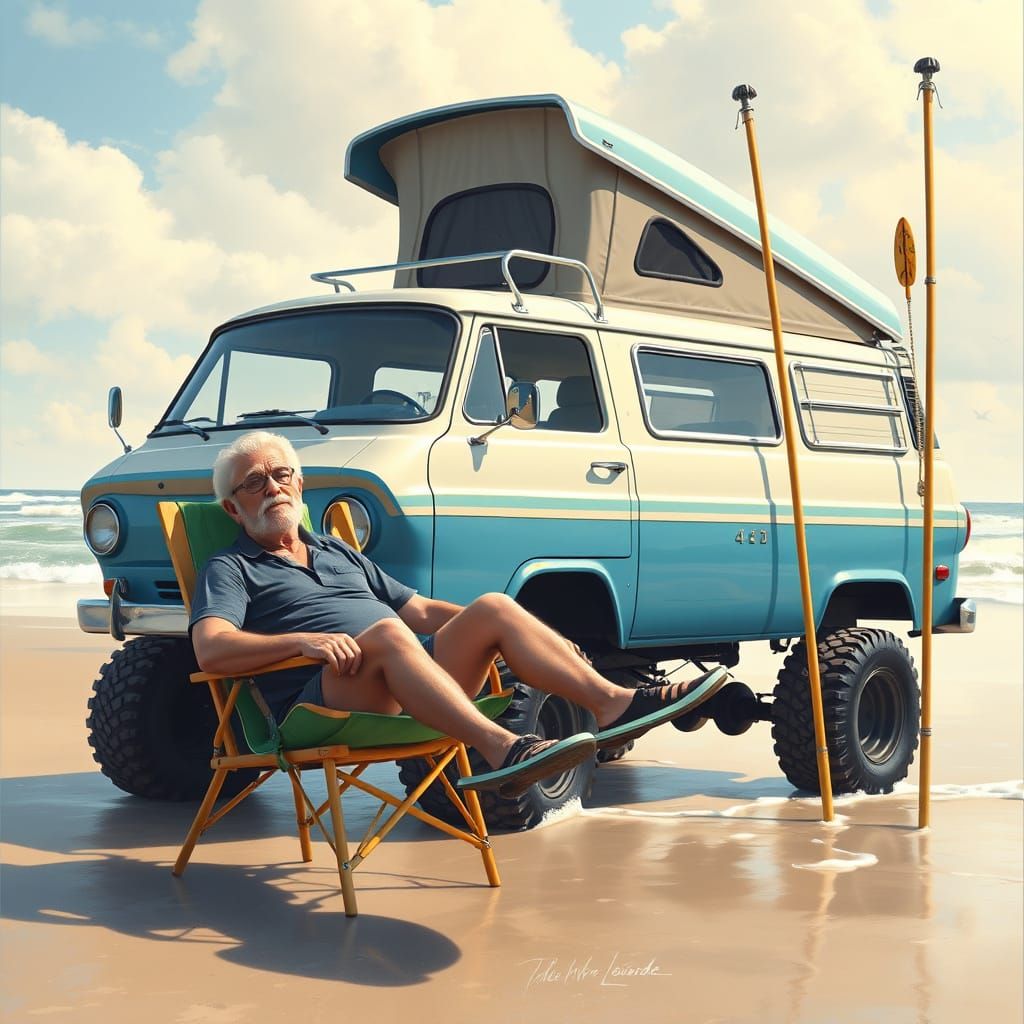 Vintage Ford Van on Beach, Digital Art