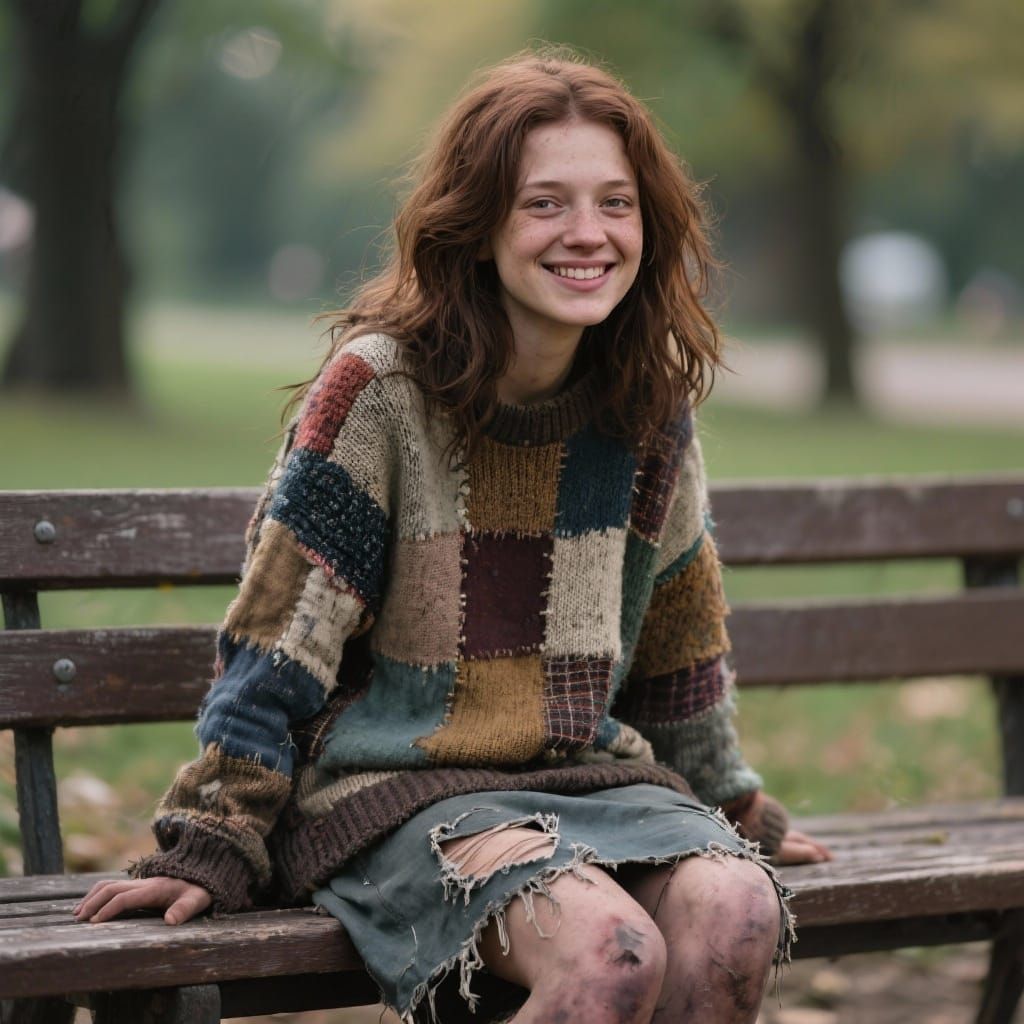 Young Woman in Park Bench Wearing Patchwork Sweater