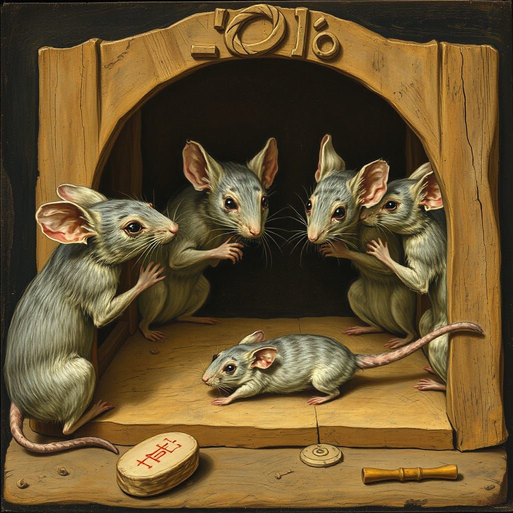 Mice Rescuing Rat From Trap in Rublev & Soutine Style