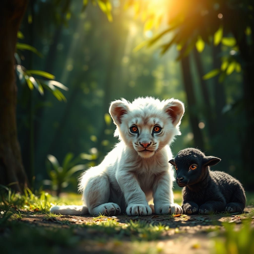 A photograph of a fluffy white lion cub hesitantly sitting i...