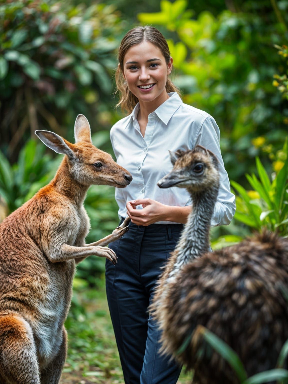 Photo Realistic Portrait of a Woman with a Kangaroo and Emu ...