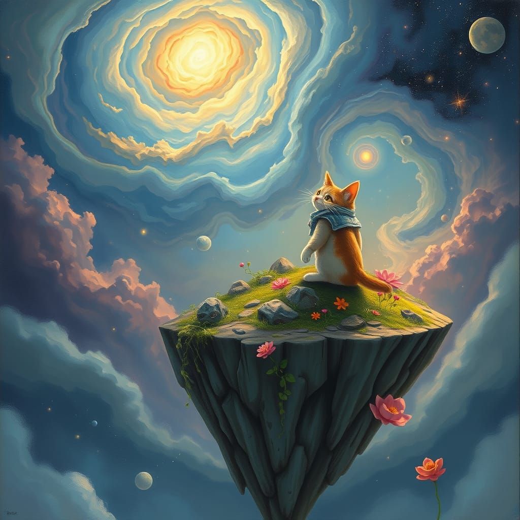Cosmic Feline Explorer in Whimsical, Painterly Style