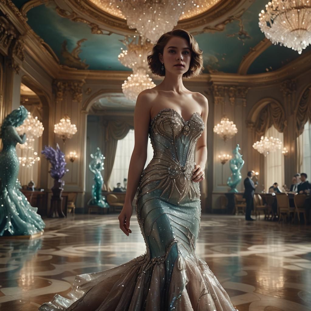 Woman in Crystal Mermaid Gown, Hyperrealistic Art Deco
