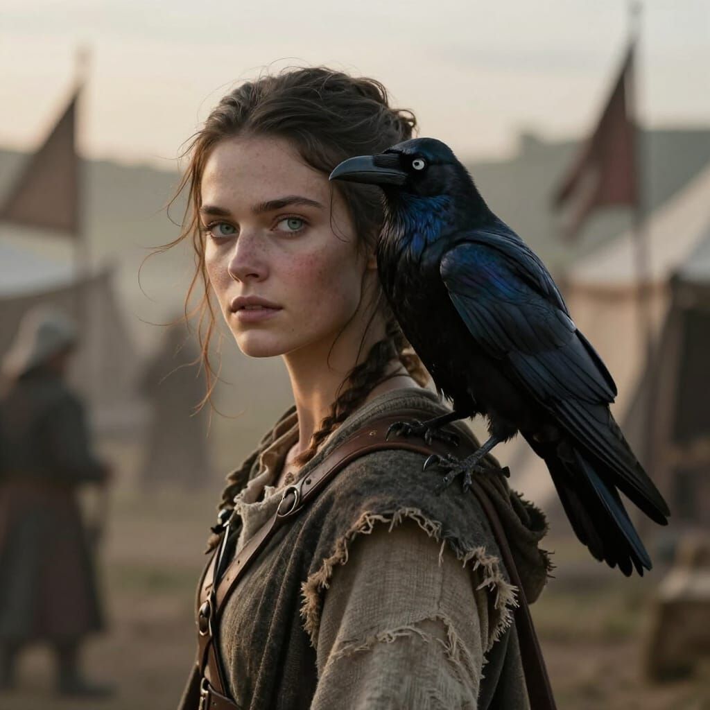 Woman with Raven in Medieval Fantasy Setting