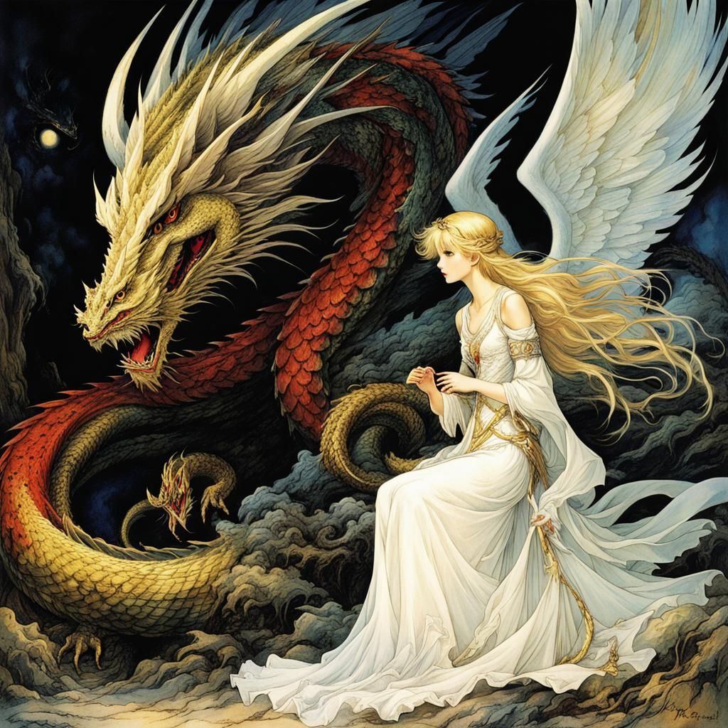 Blond Angel Princess and Dragon in Anime Style