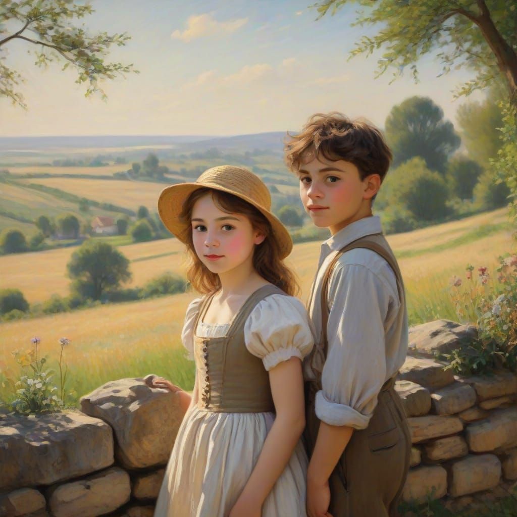 Whimsical Countryside Scene with Brother and Sister Standing...