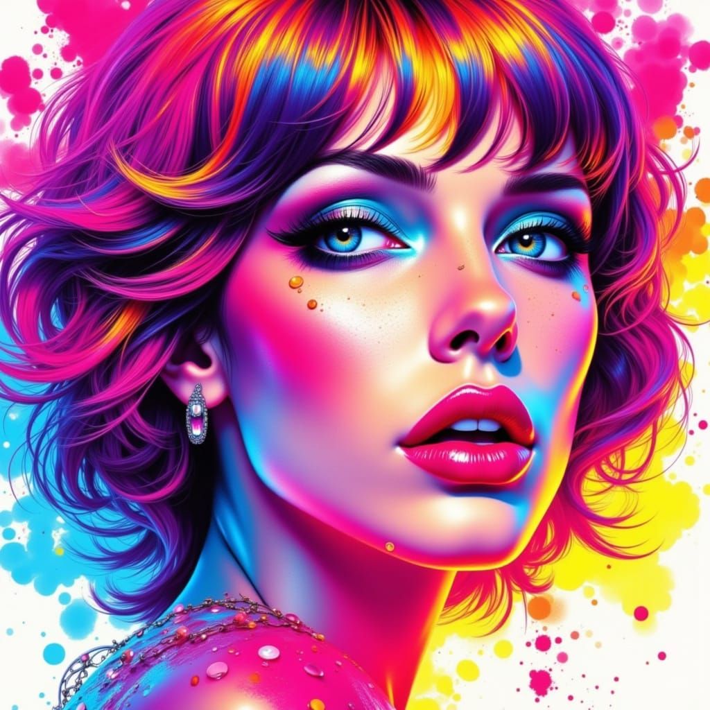 Glamorous Watercolor Portrait in Neon Hues
