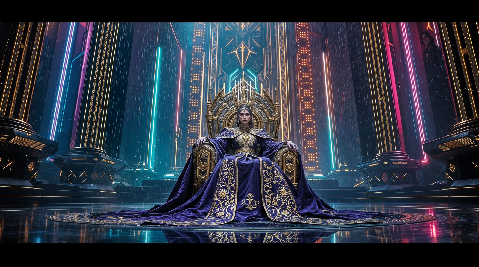 Cyberpunk Emperor Reigns in Gilded Throne Room