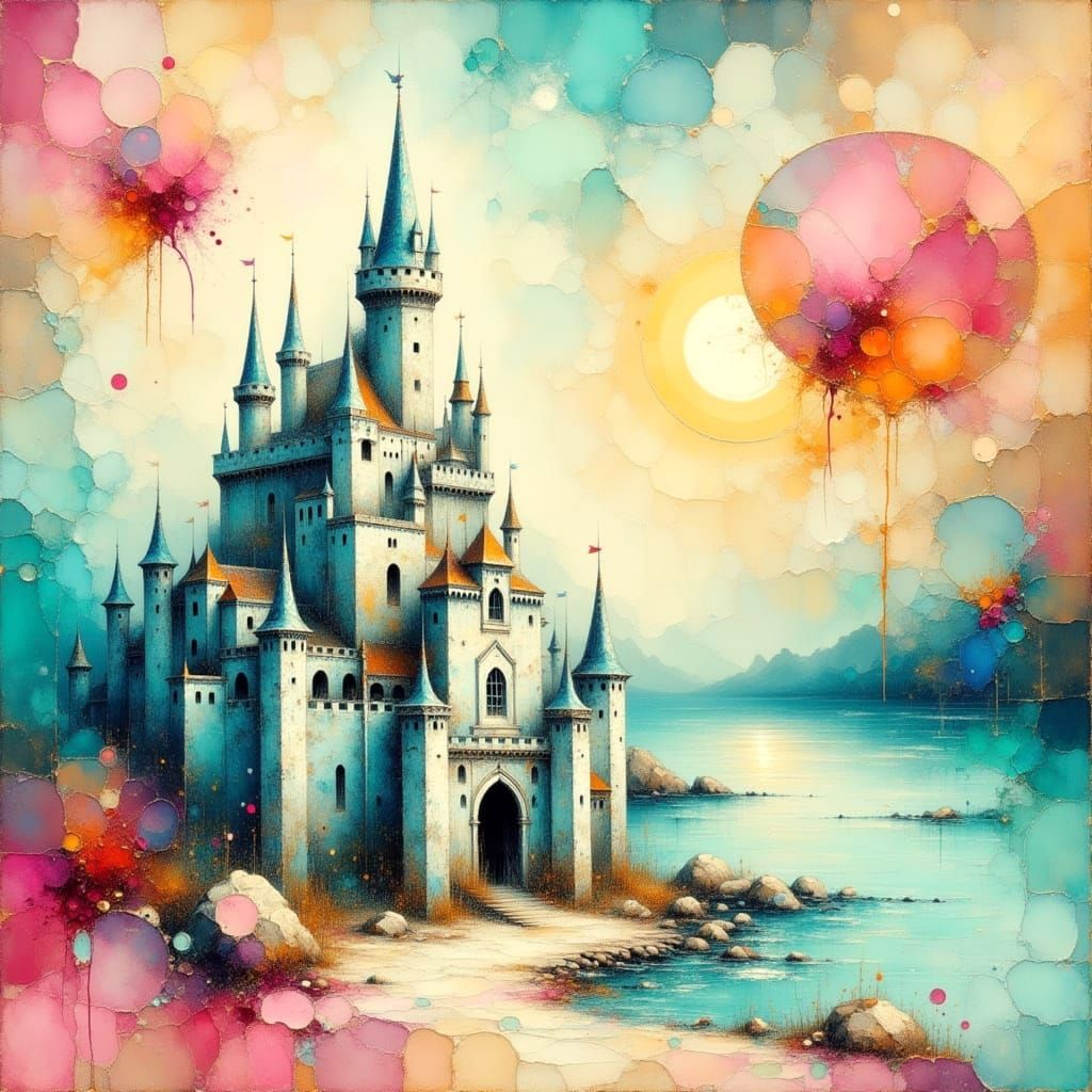 Neon Grunge Sandcastles on Beach in Impasto Style