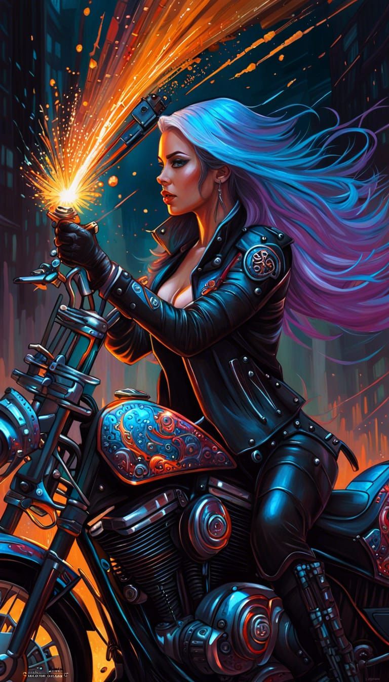 Magical Biker Woman on Harley, Impasto Oil Painting