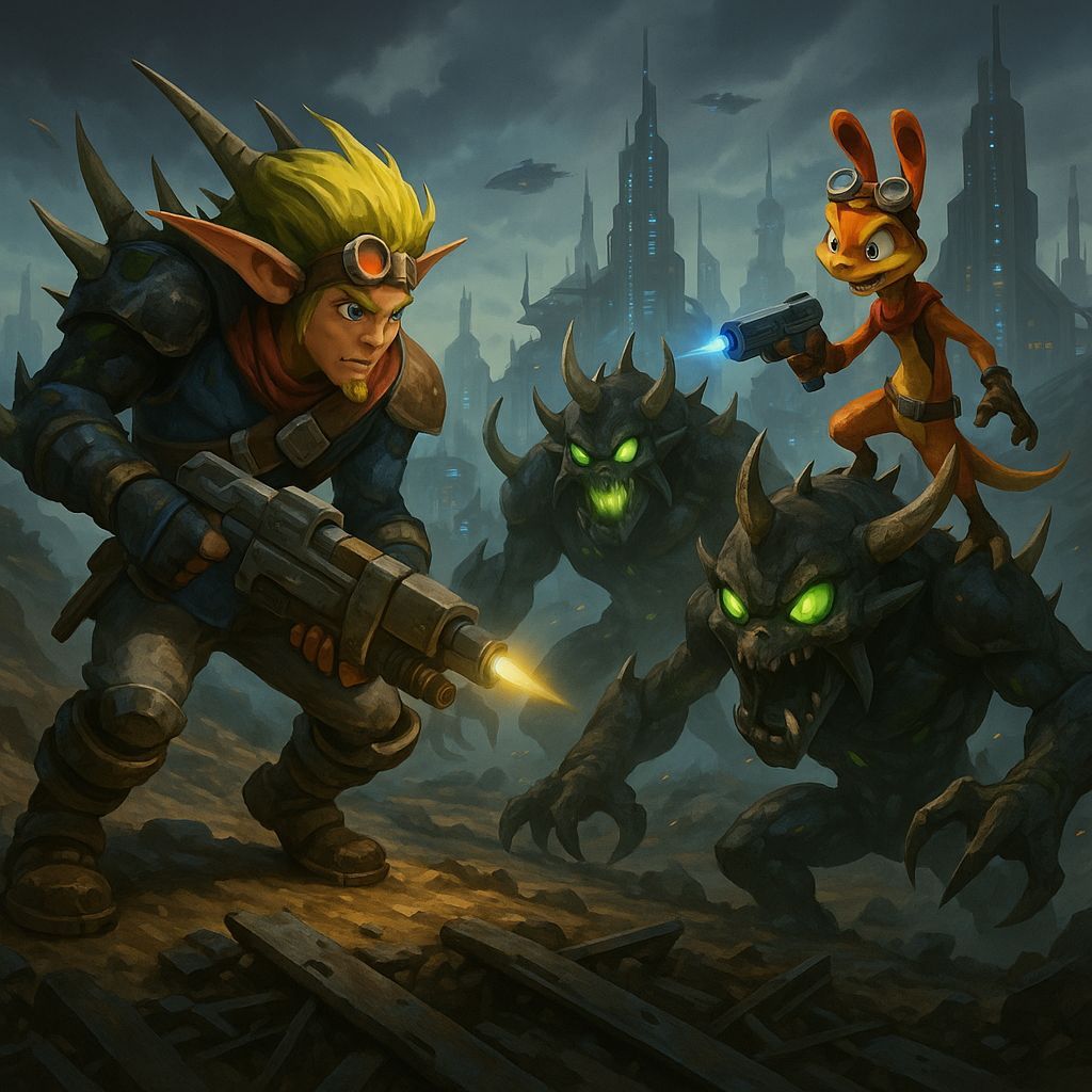 Jak and Daxter exploring outside Haven City futuristic style...