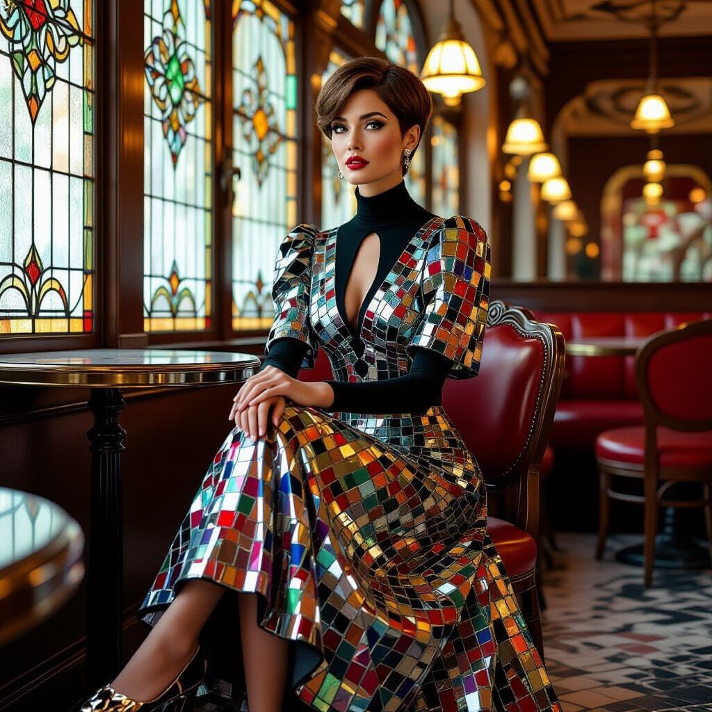 Woman in Crystal Stained Glass Dress in Art Nouveau Parlor