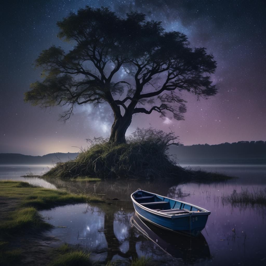 Cinematic Boat and Tree Under Millions of Stars