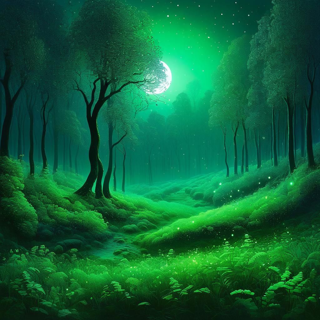 Mystical Green Forest at Night